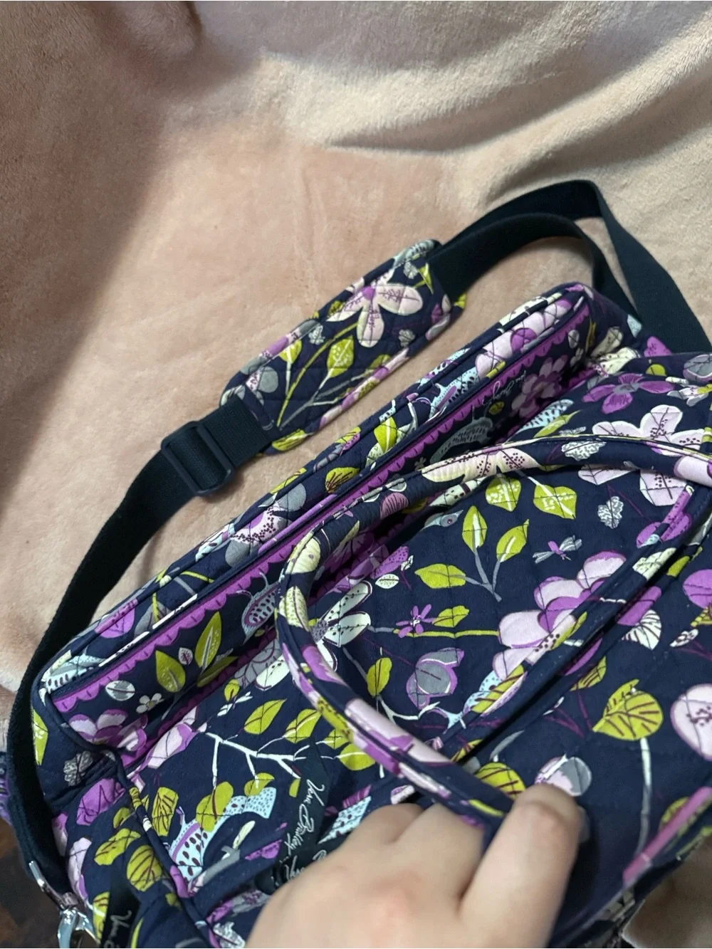 Vera Bradley Navy Quilted Floral Laptop Bag with Purple & Green Accents